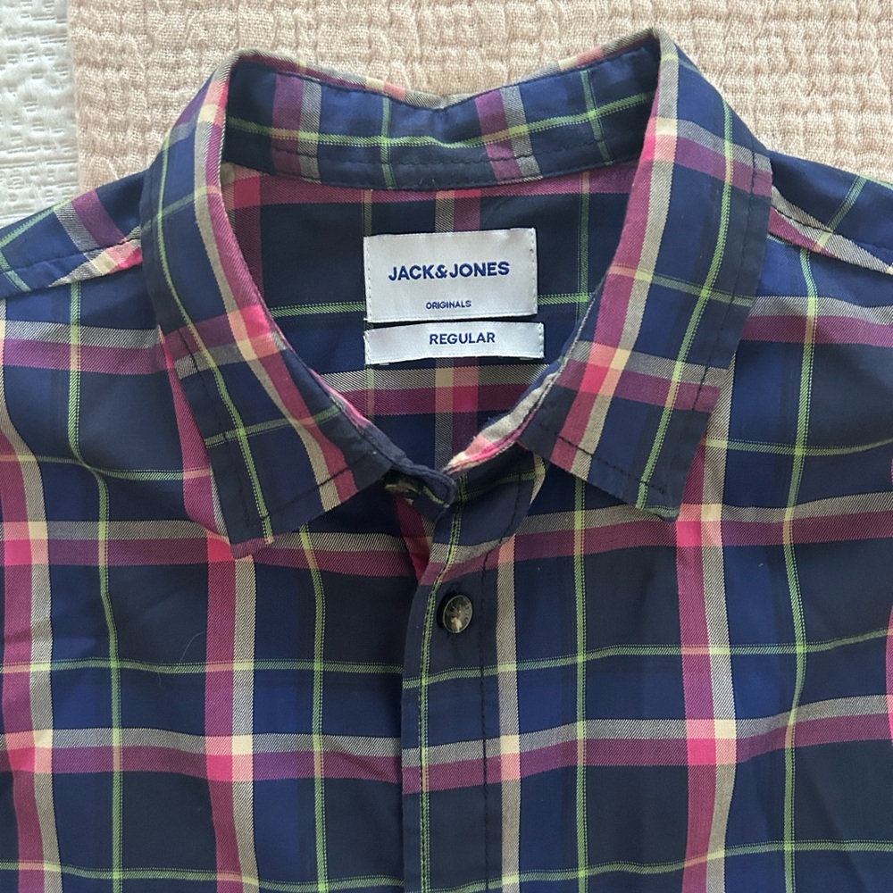 Jack & Jones Navy and Pink Plaid Button-Down Shirt